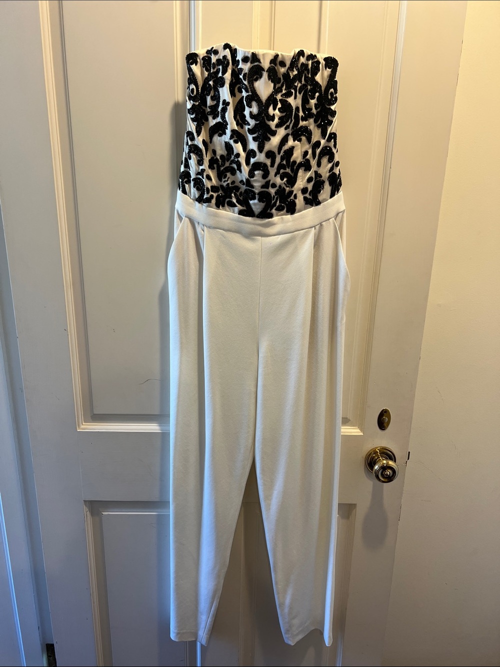 Alice + Olivia White Strapless Jumpsuit with Black Velvet Burnout Bodice